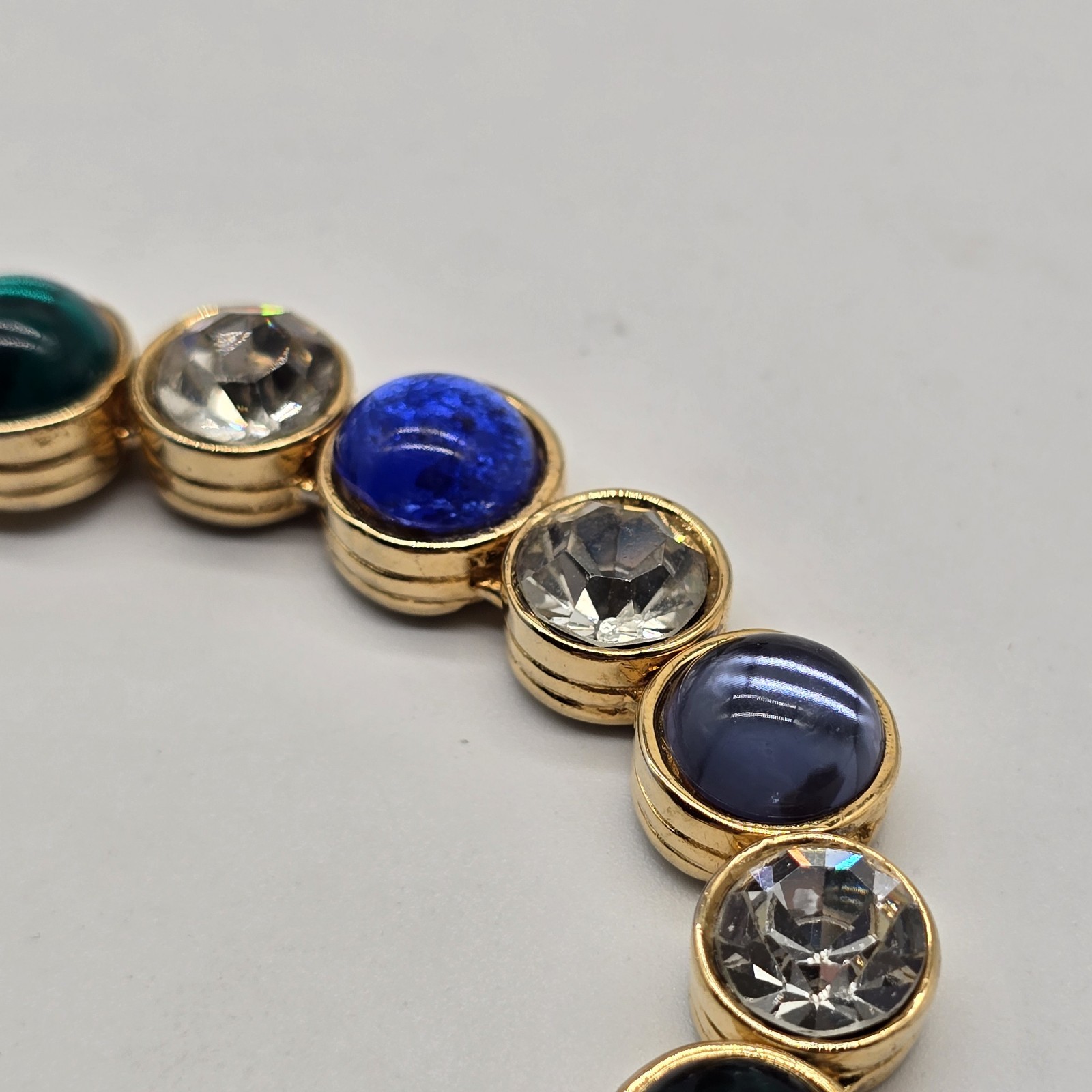 Vintage Les Bernard Bracelet Clear Rhinestones And Blue Green Purple Cabochons