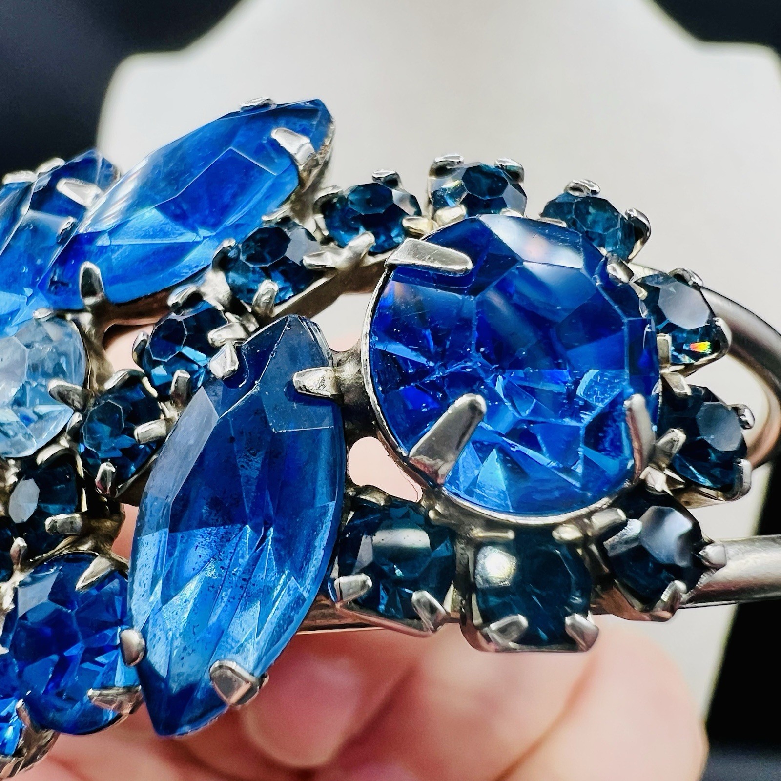 Vintage Blue Navette Rhinestone Hinged Bangle Bracelet SilverTone Statement Glam