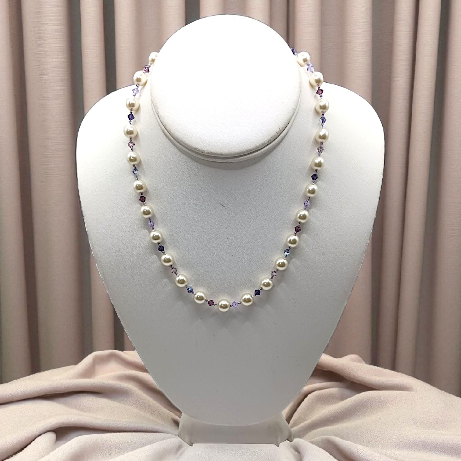 Vintage Purple Crystal Faux Pearl Necklace Beaded Hand Knotted Sterling Silver