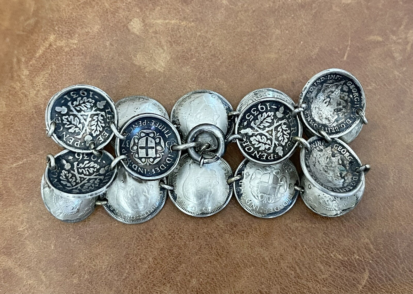 Old Great Britain Three pence .925 Sterling Coins Cupped Link Bracelet 6.25” In