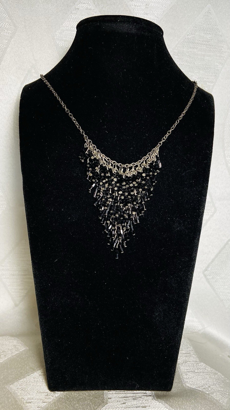 Vintage Black Bugle Bead Fringe Statement Necklace Waterfall Bib Silver Tone 18”