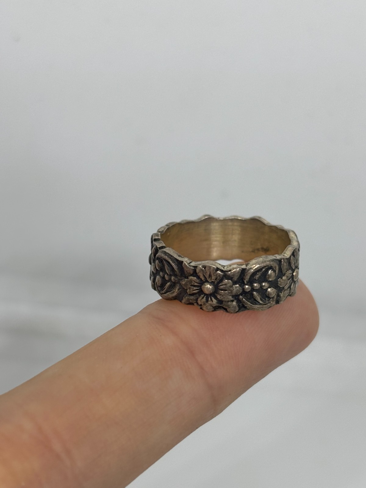 Vintage 60s Boho Flower Floral Mexico 925 Sterling Silver Wedding Band Ring 6.75