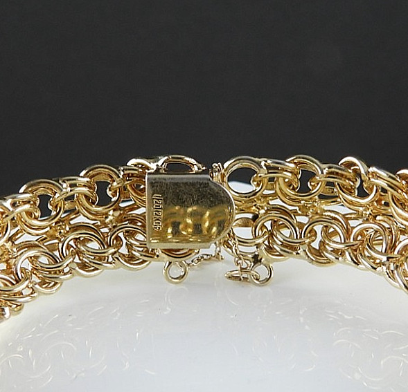 Vintage 12K Gold Filled Rare Fancy Charm Bracelet Chunky Curb Link Safety Chain