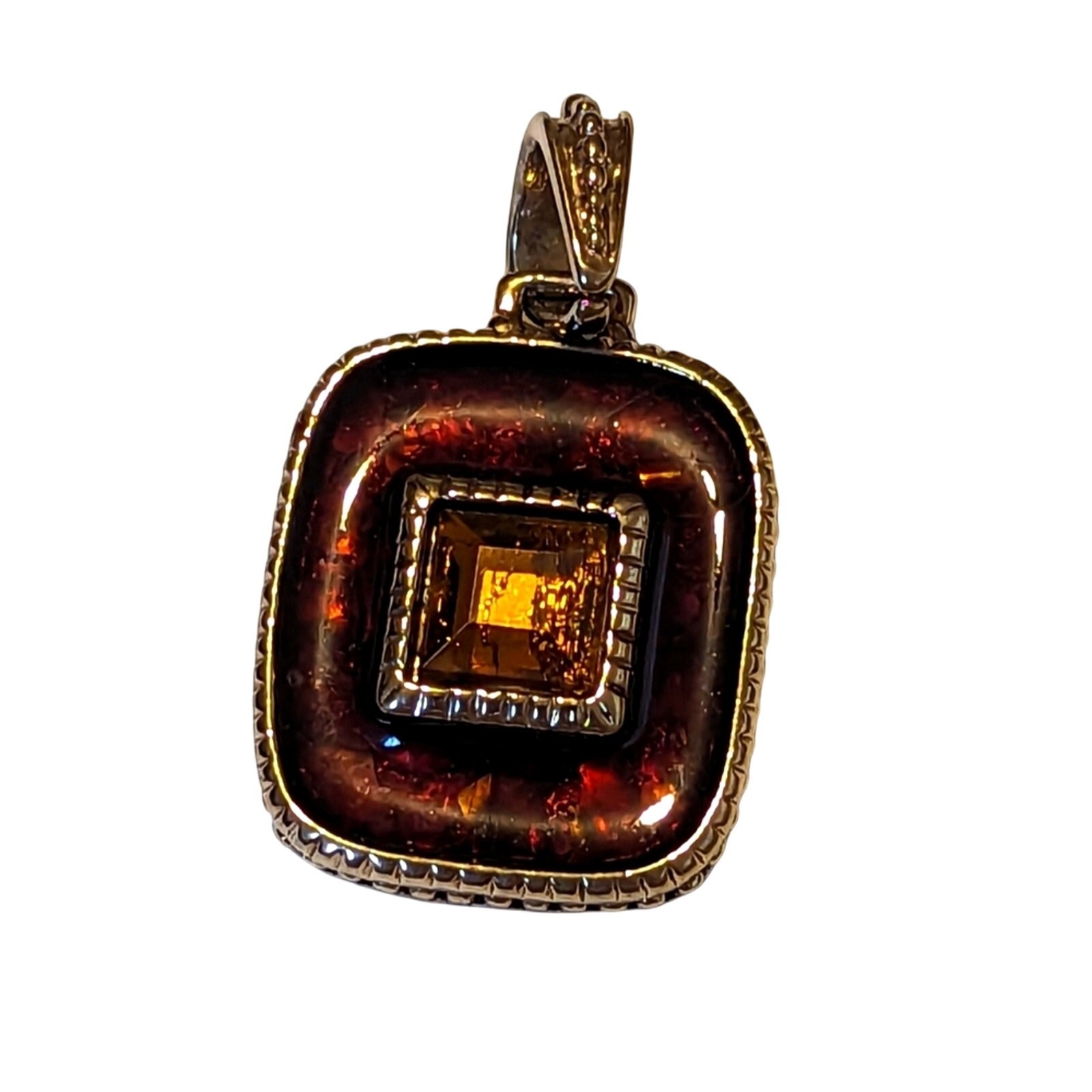 Vintage Liz Claiborne Rectangle Amber Rhinestone Silver Tone Necklace Pendant