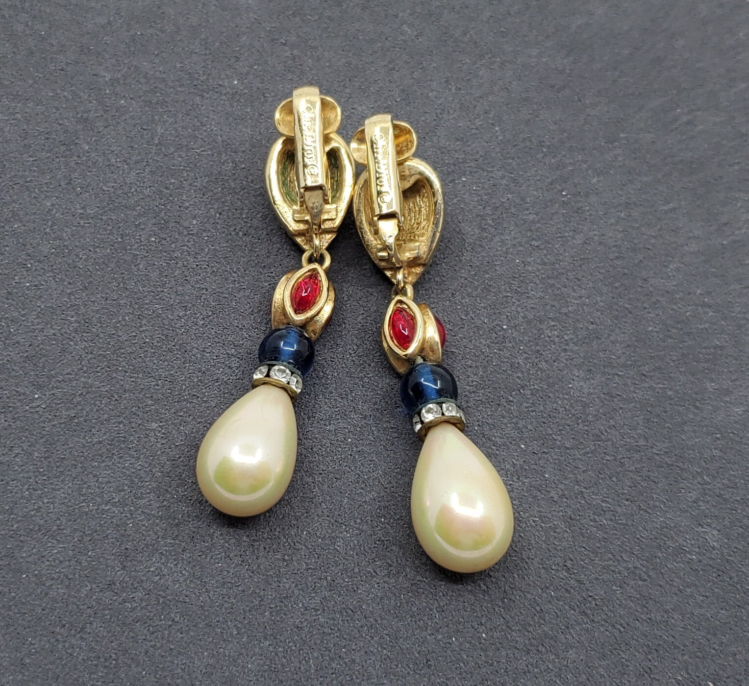 Christian DIOR VTG Gold Ruby Red Blue Glass Cabochons Faux Pearl Dangle Clip On