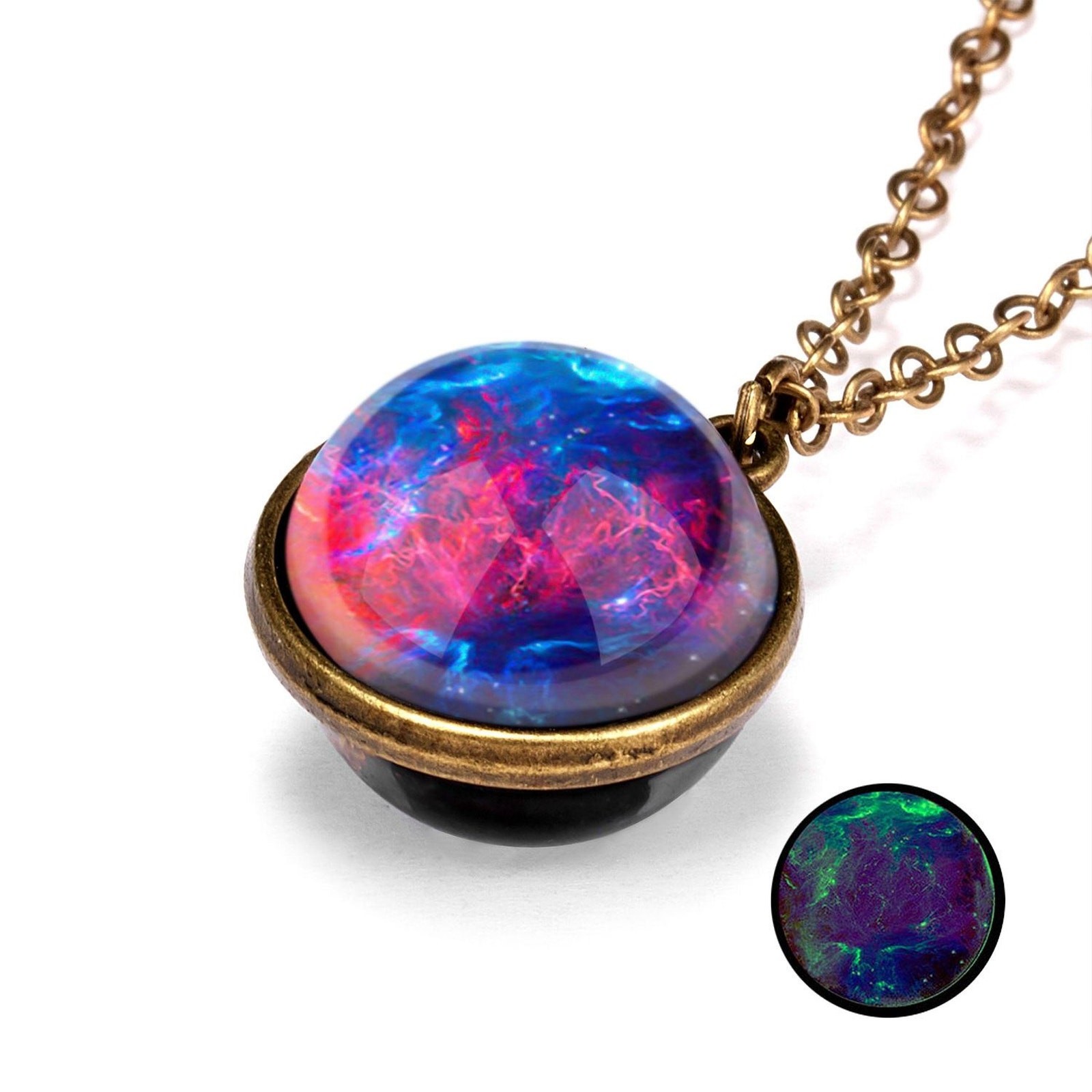 Double-Sided Galaxy Necklace – Glass Dome Pendant with Vintage Chain
