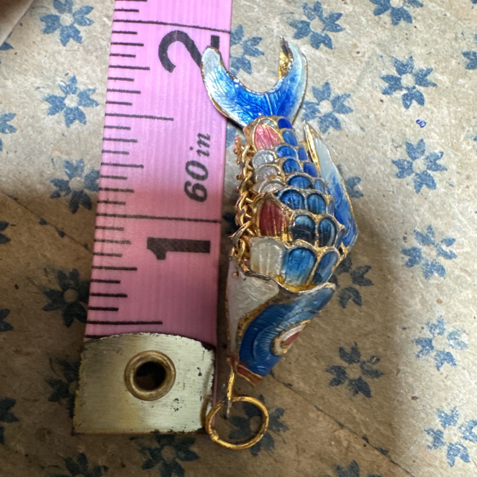 Vintage Koi Fish Cloisonne Blue White Pink Articulated Enamel Ornament Pendant