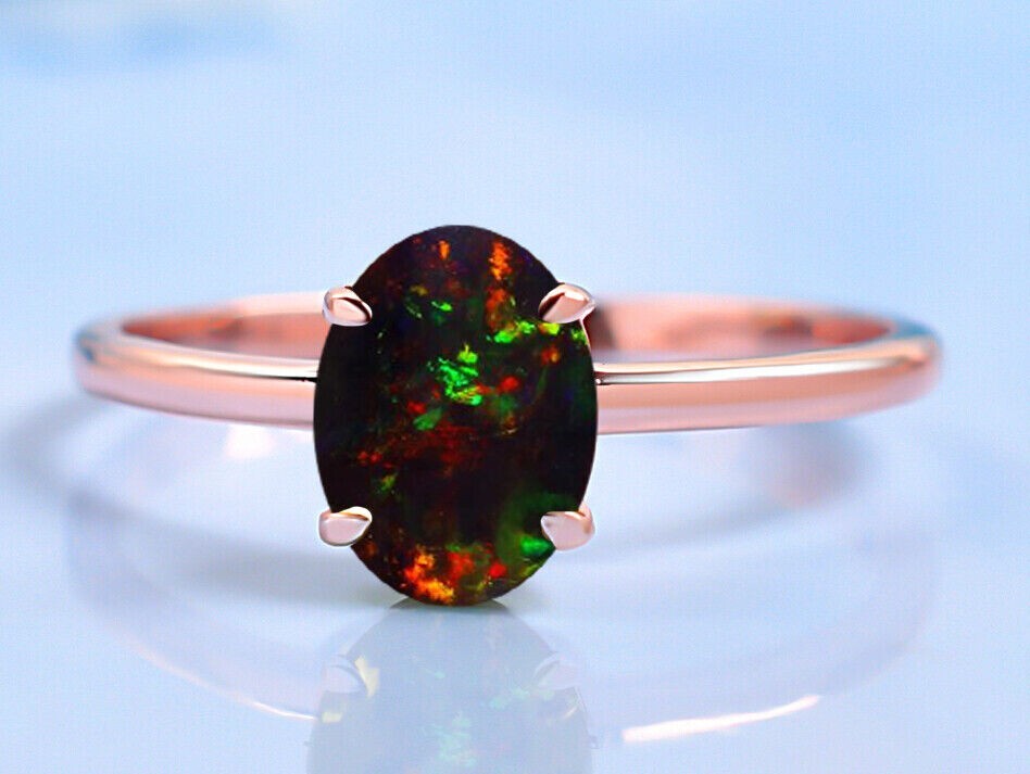 Oval 8X6MM Black Opal Wedding Ring Solitaire Engagement Ring Promise Ring Gifts