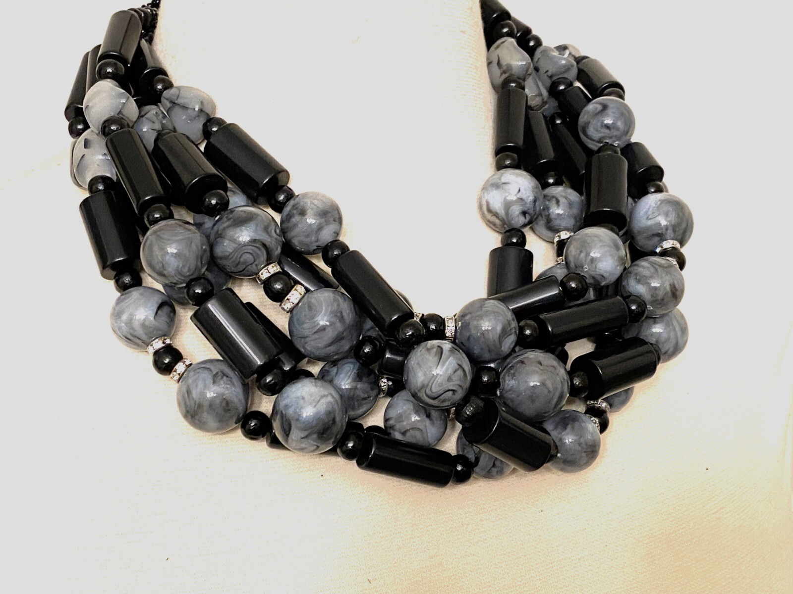Gorgeous Marbleized Gray Resin & Acrylic Black Tubular Beads Six Strand Necklace