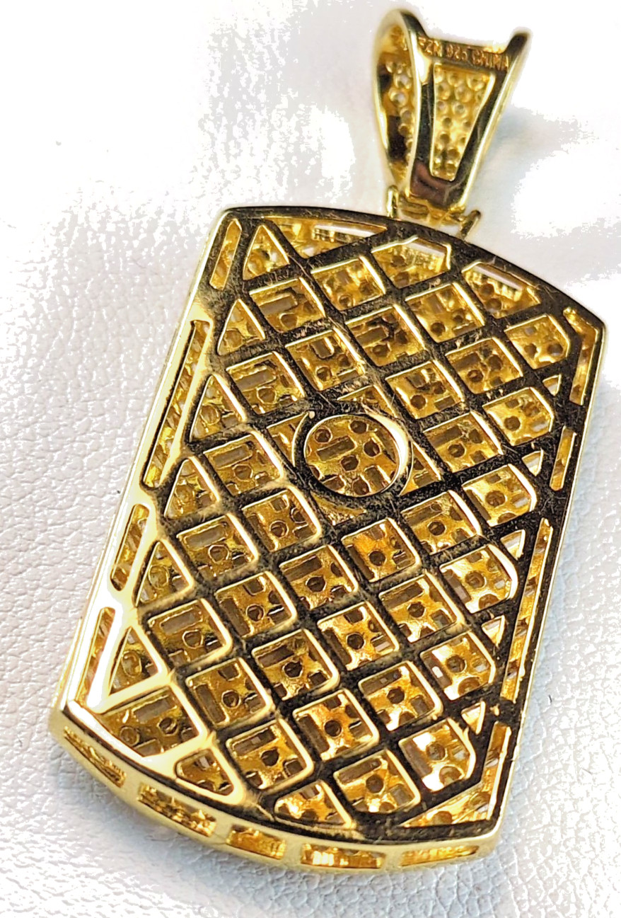 Designer FZN 925 Gold Over Sterling Silver Dog Tag Pendant Gold Baguette CZ