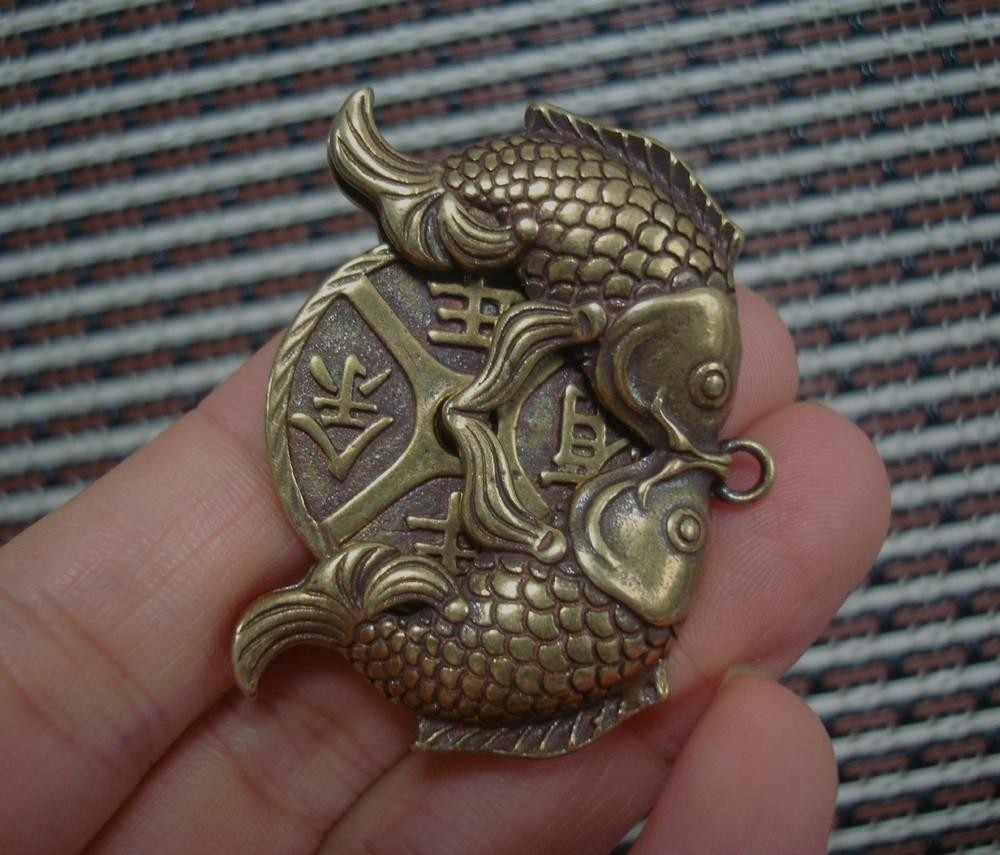 Vintage Style Solid Brass Two Fish Figurine Statue FengShui Pendant Bags Charms