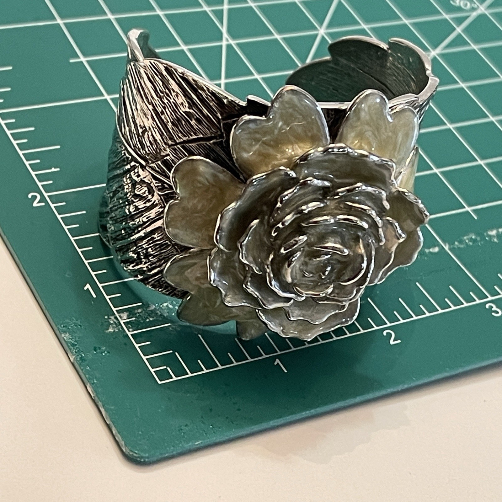 Vintage Oversized Enamel Flower Bangle Cuff Antiqued Silver Leaves Large