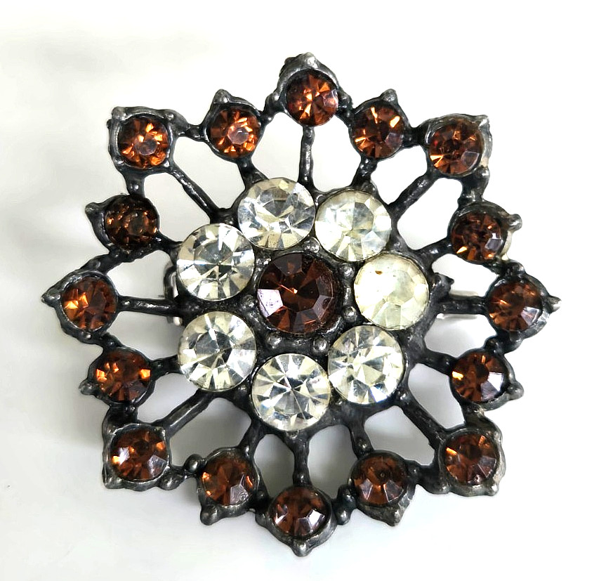 Vintage Brown with Clear Rhinestone Starburst Flower Pewter Pin 1-5/8″