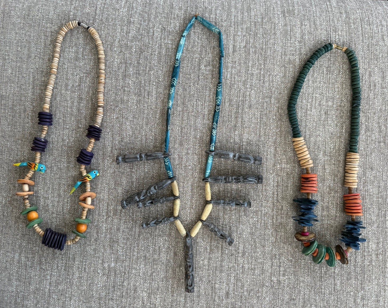 Lot of 3 Vintage African ethnic hand carved wood colorful bead necklaces