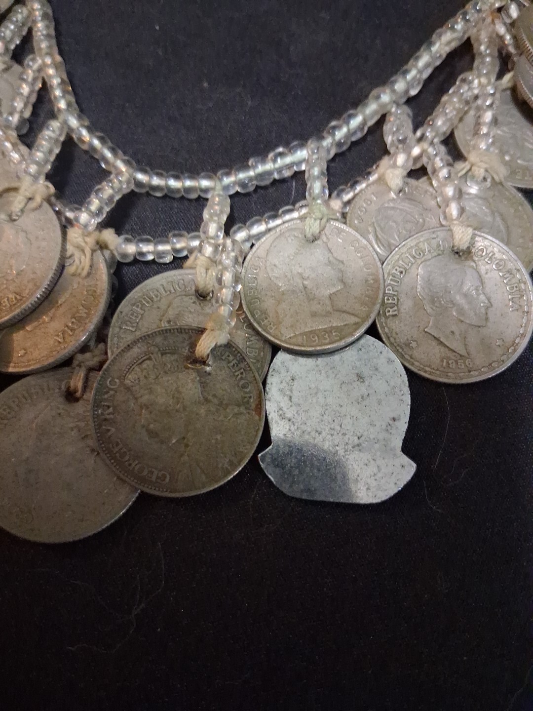 Coins From Around The World Necklace 1930s-60s Clear Beads String Custom Made