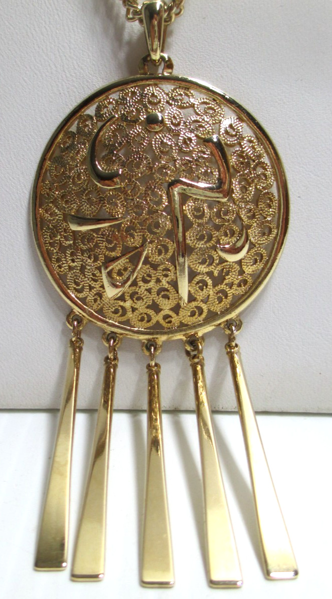 Vintage Boho Necklace Gold-tone Metal Filigree Medallion Dangling Bar Tassels