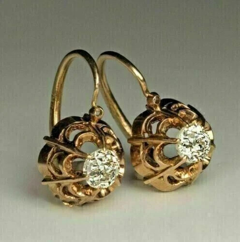 Art Deco Style Round Lab Created Diamond 14K Yellow Gold FN Wedding Earrings