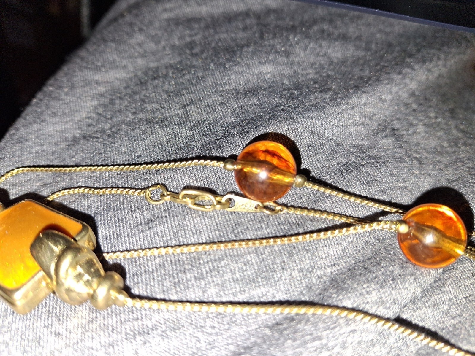 vintage korea gold plate long station necklace amber glass acrylic and enamel