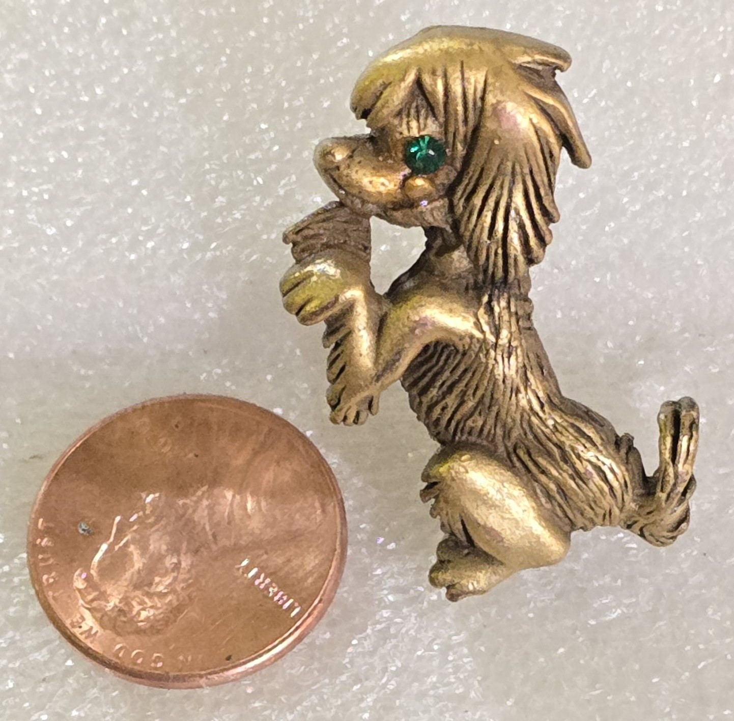 Vintage Green Rhinestone Eye Figural Begging Sitting Dog Canine Brooch