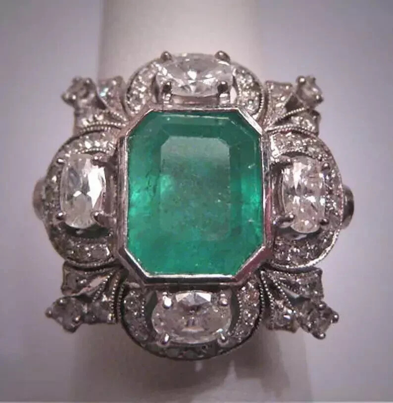 3 Ct Emerald Vintage Art Deco Five Stone Cocktail Wedding Ring 14K White Gold FN