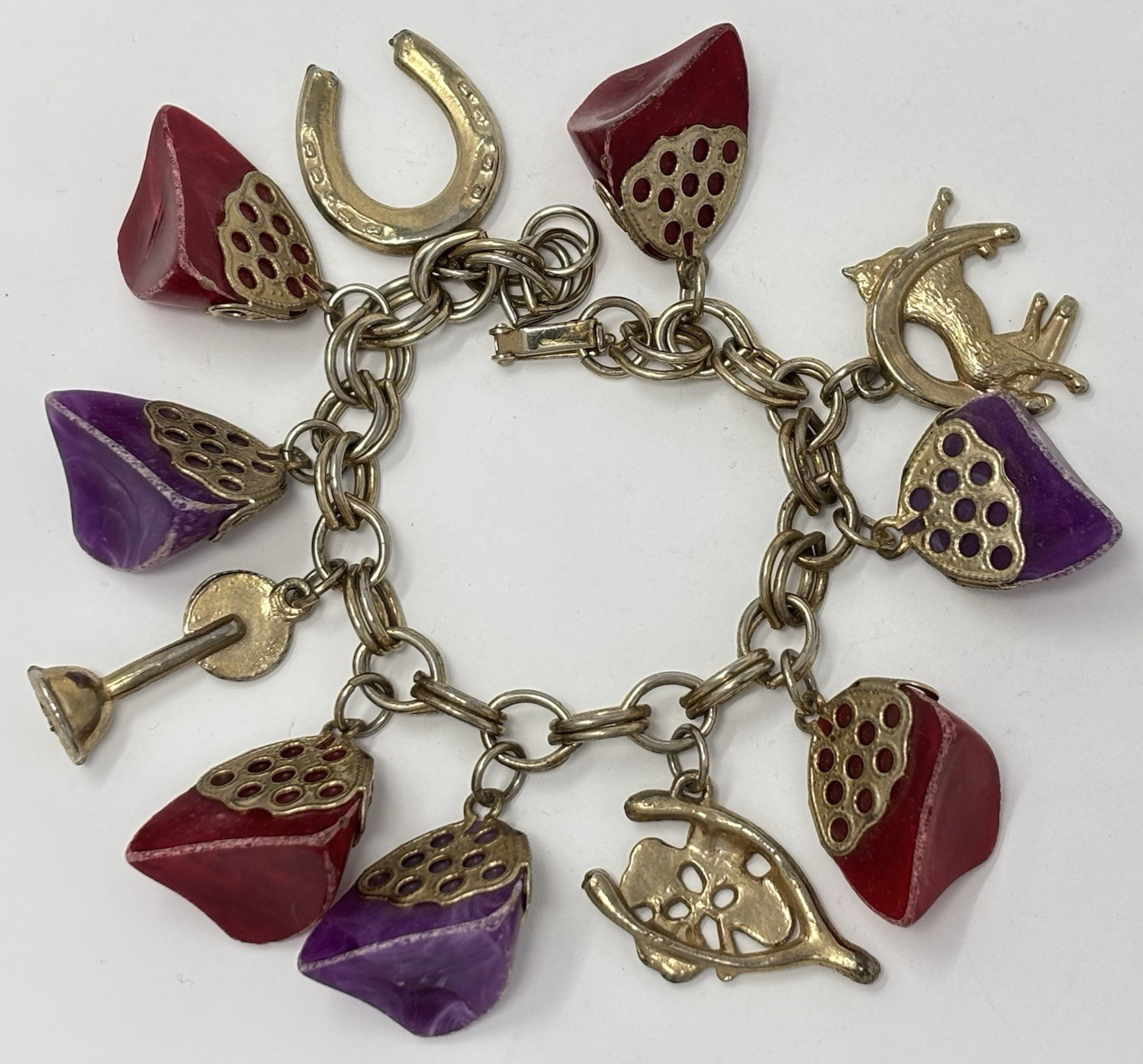 Vintage 60’s Chunky Charm Bracelet Lucky Horse Shoe Racing Purple Red Lucite