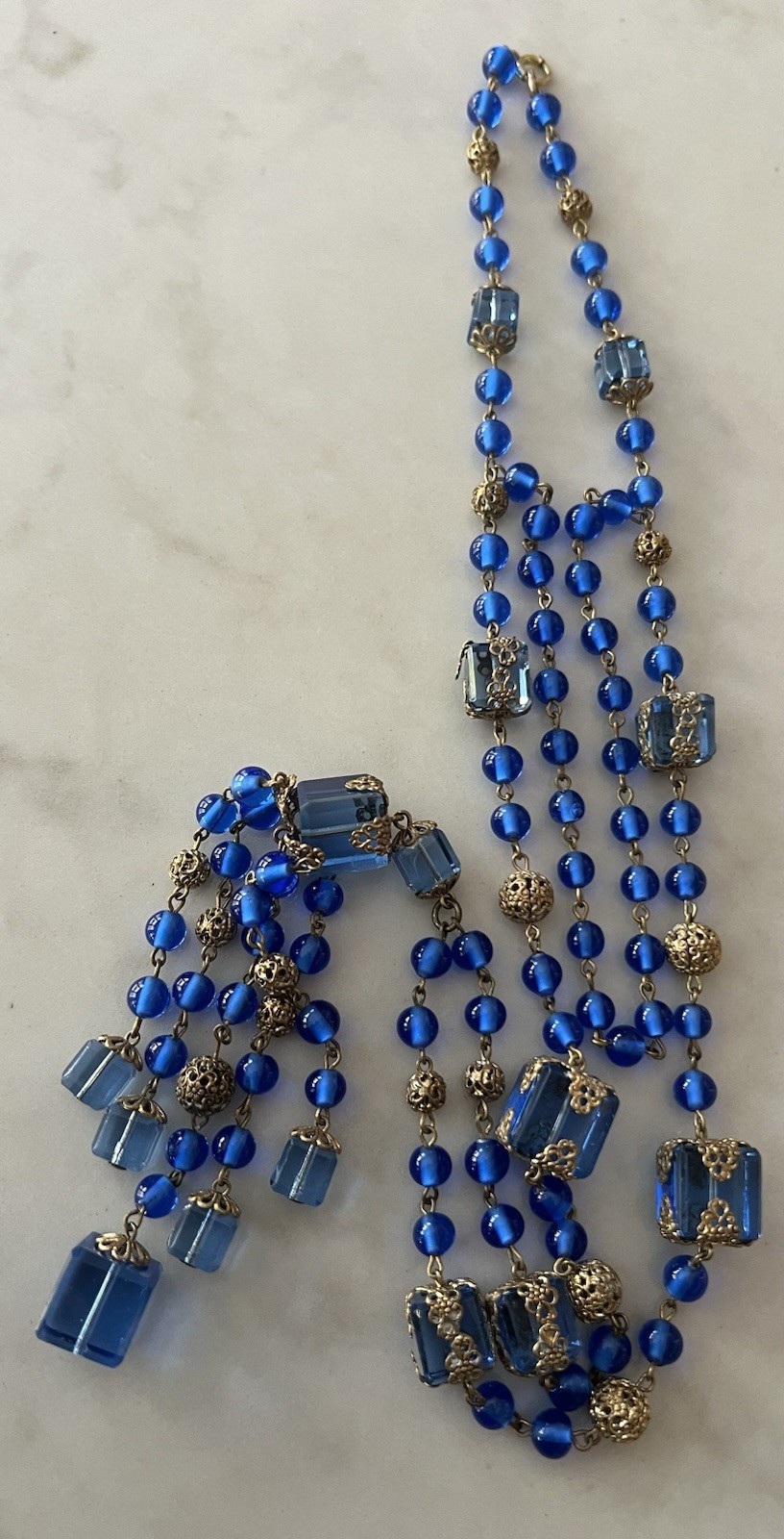 BRIGHT BLUE CRYSTAL/BRASS FILIGREE NEIGER BROS CZECH LONG VTG DECO 20s NECKLACE