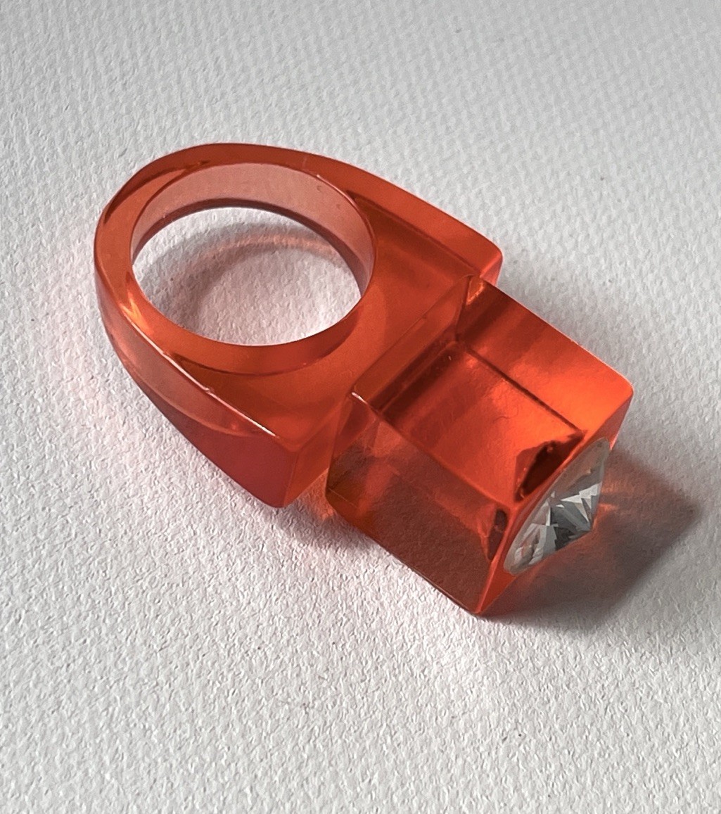 Vintage Lucite Ring Size 7.75 Orange Cubism Rhinestone Modern Chunky Statement