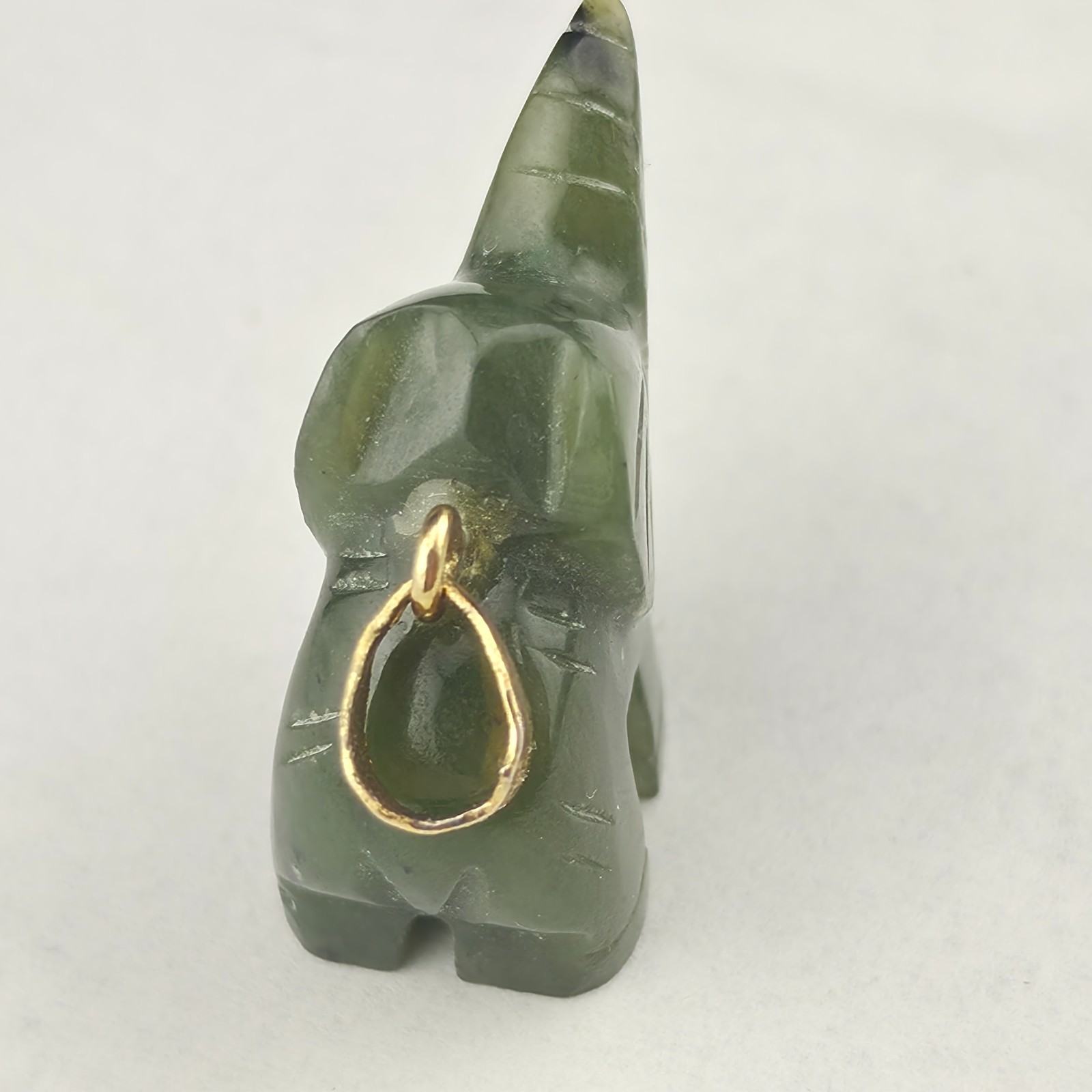 Vintage 28mm Dark Green Nephrite Jade Lucky Elephant Trunk Up Pendant Gold Fill