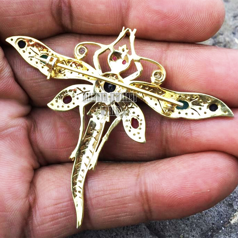 Vintage 2.81ct Rose Cut Diamond Gemstone Silver Amazing Dragonfly Brooch Jewelry