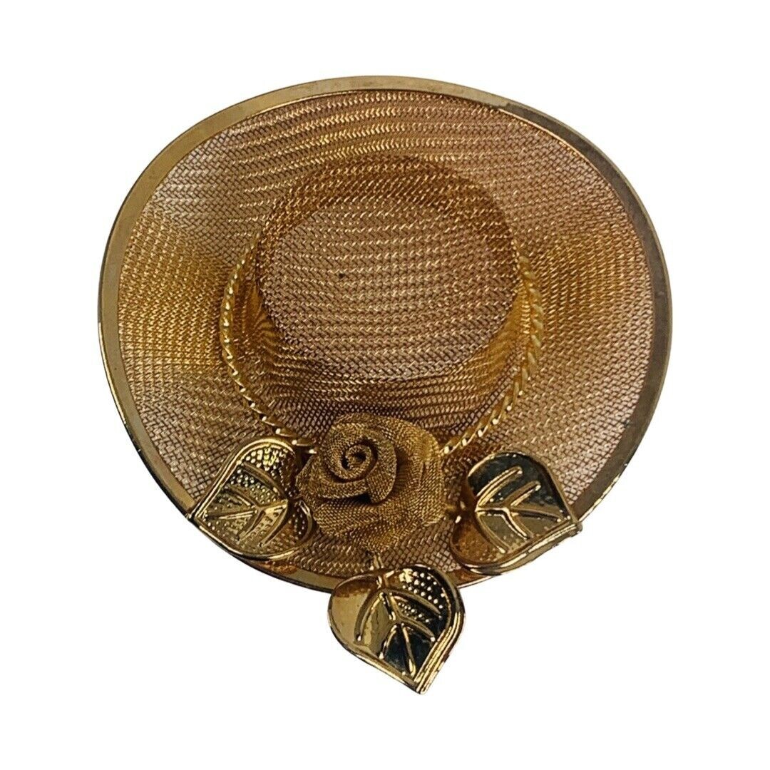 Gold Tone Sun Hat Brooch 2.5″ Pin