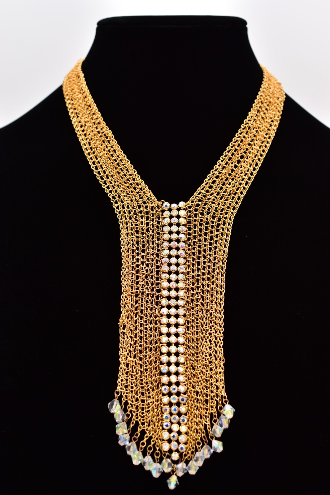 Felicia Vintage Gold Mesh Bib Necklace AB Rhinestone Crystal Fringe 1990s BinBN