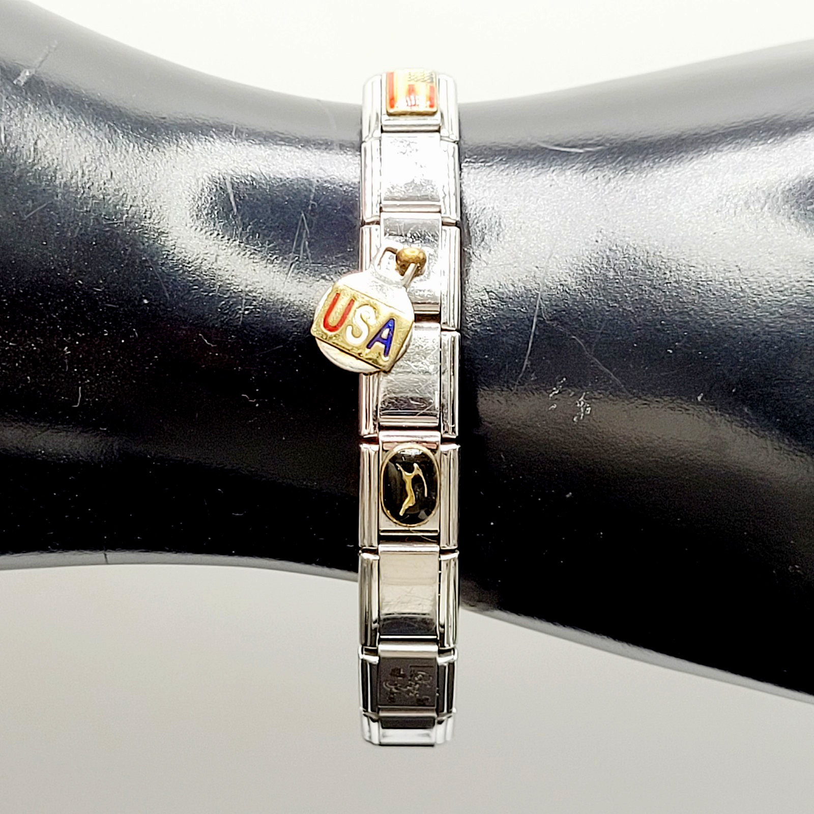 Vintage Italian Style Modular Stainless Steel Charm Bracelet w Mom USA Flag Dog