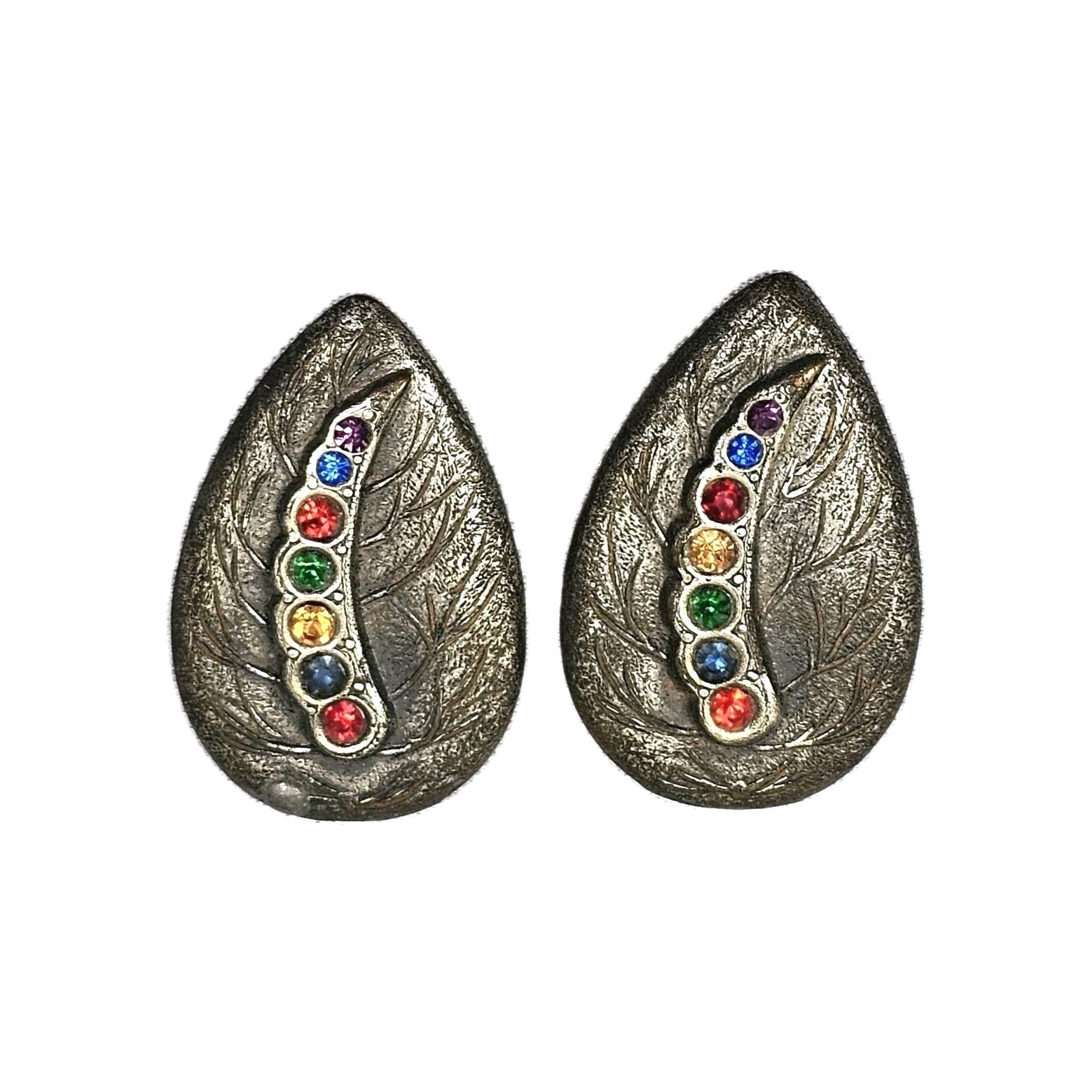 Antique Art Deco Bejeweled Metal Leaf Clip On Earrings | Appr 1.5″L & .75″W