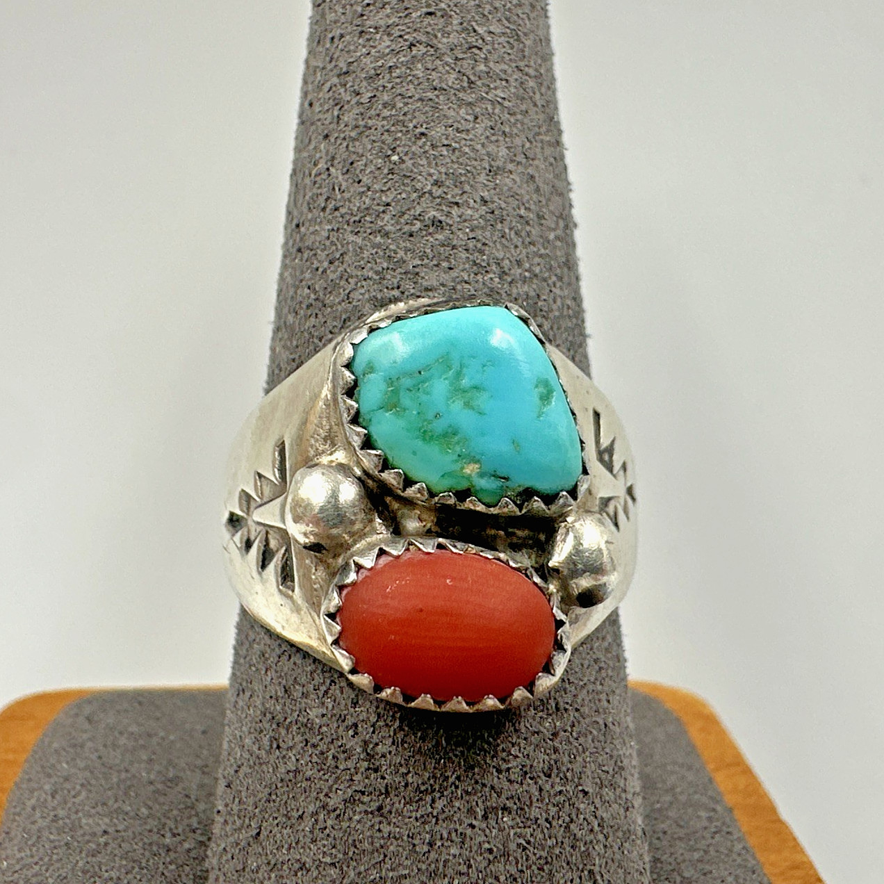 Vintage Sterling Turquoise Coral Unisex Ring Signed VL Vera Luna Size 8.5