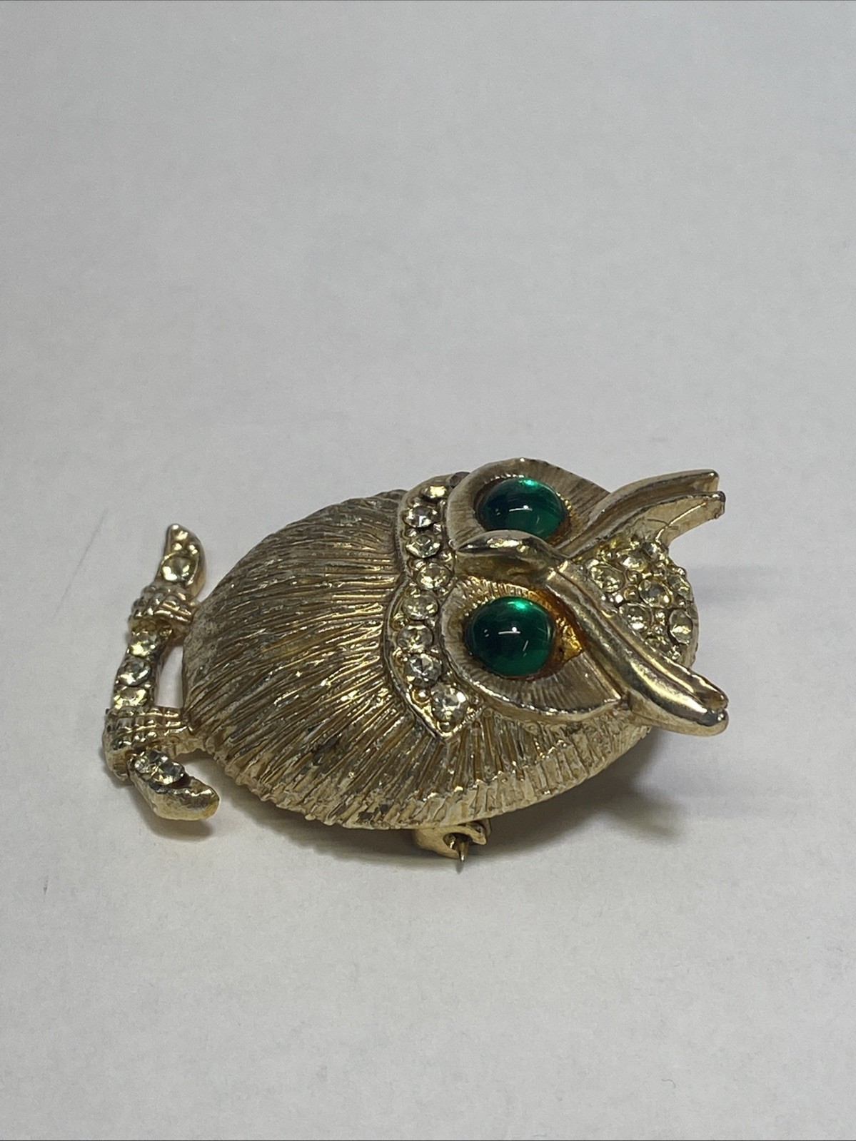 Vintage Gold-Tone Owl Brooch Pin with Green Glass Eyes Clear Rhinestone Accents