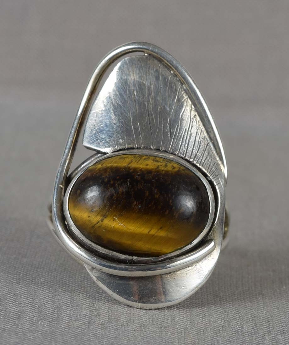 Vintage sterling silver Modernist RING tiger eye Size 8.5