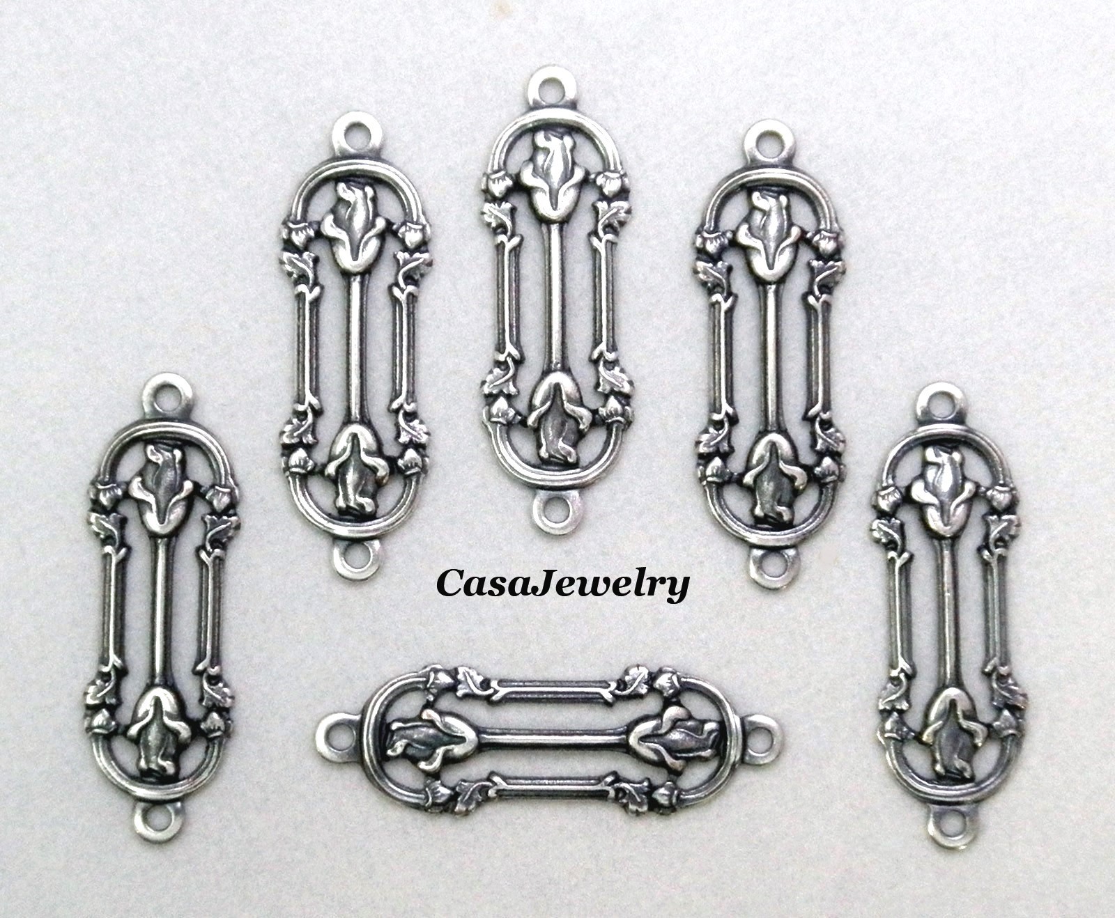 #1421 ANTIQUED .925 STERLING SILVER PLATED FILIGREE 2 RING CONNECTOR – 6 Pcs