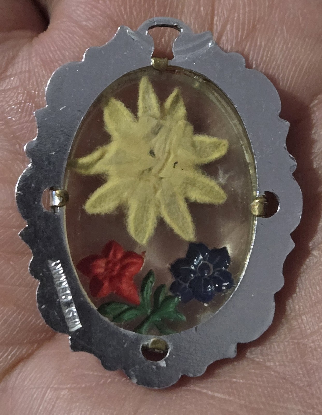 Antique Victorian Encapsulated EDELWEISS Flower Pendant Signed WEST GERMANY