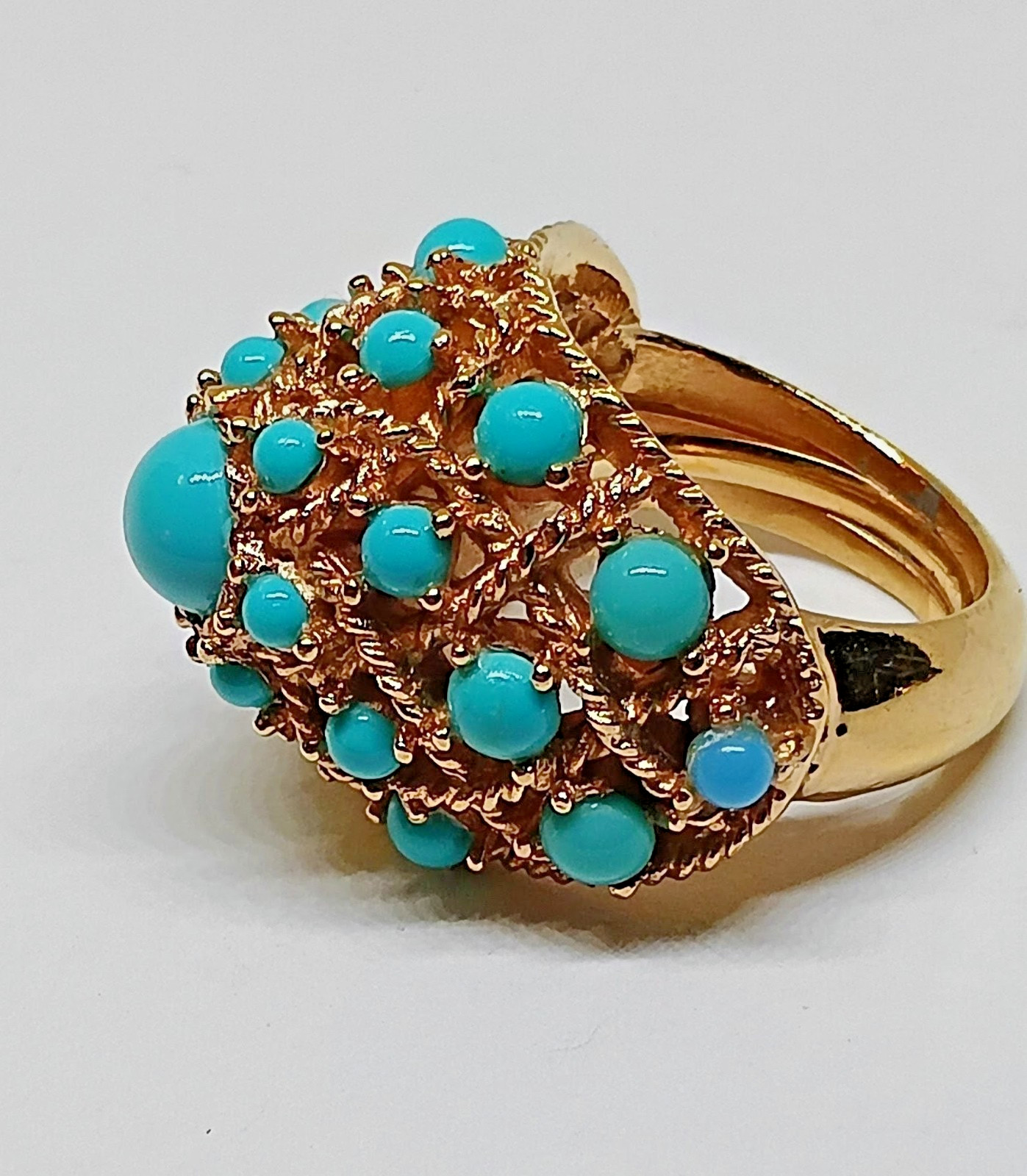 Vintage Crown Trifari Gold Tone Turquoise Dome Adjustable Statement Ring