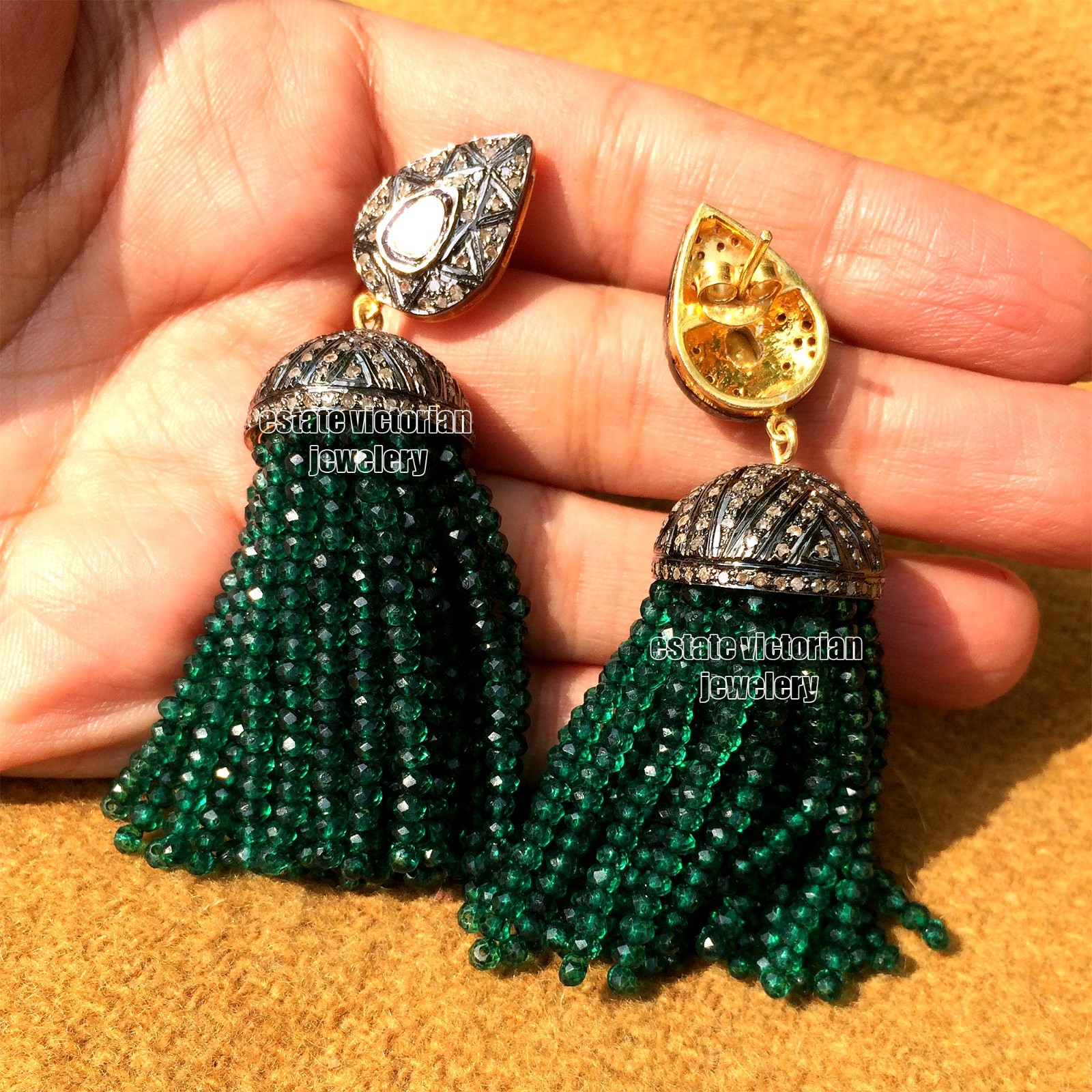 3.40Ctw Rose Antique cut Diamond Emerald Victorian Silver Tassel Earring Jewelry