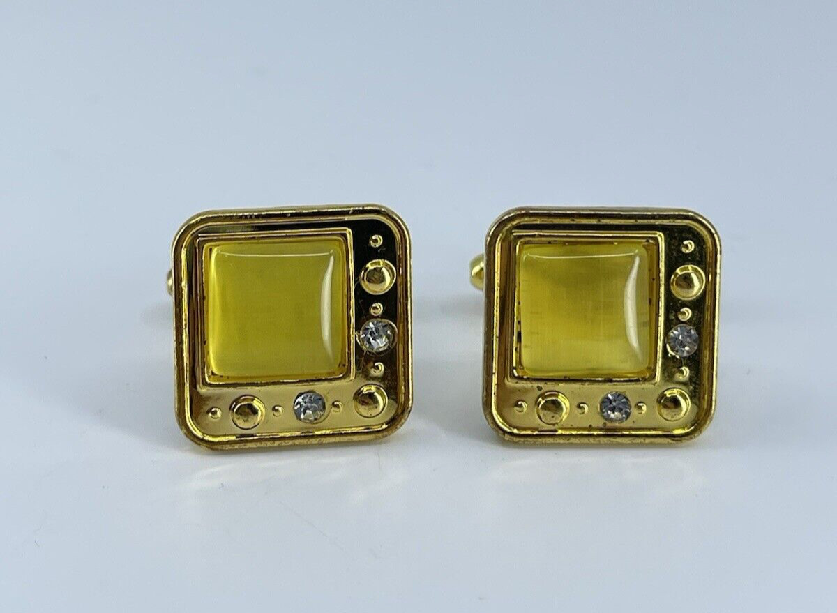 gold tone square yellow glass cufflinks white rhinestones accents bullet backs