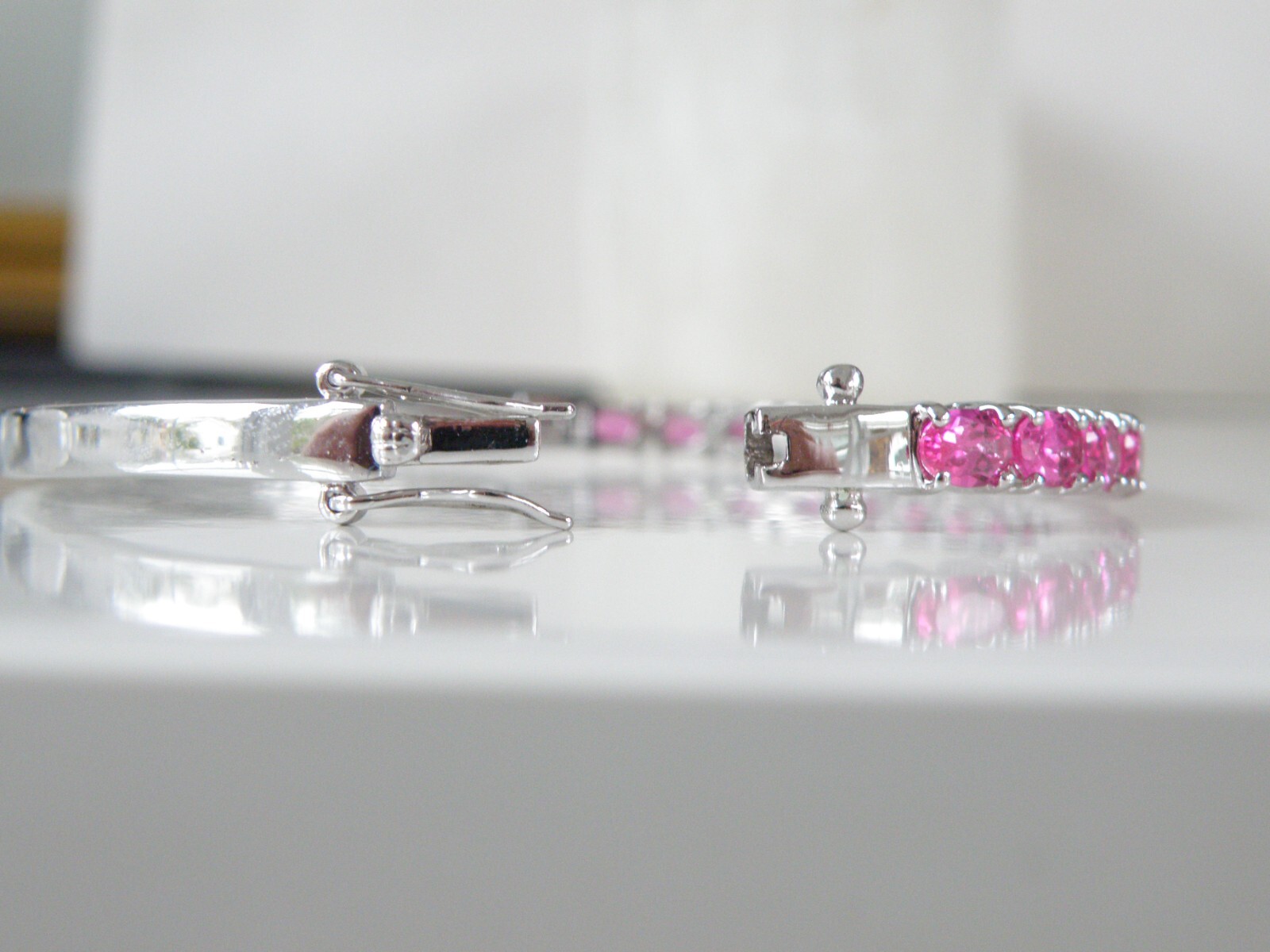 Vintage Sterling Silver 925 Lab Created Pink Sapphire Gemstone Bracelet 7.5″