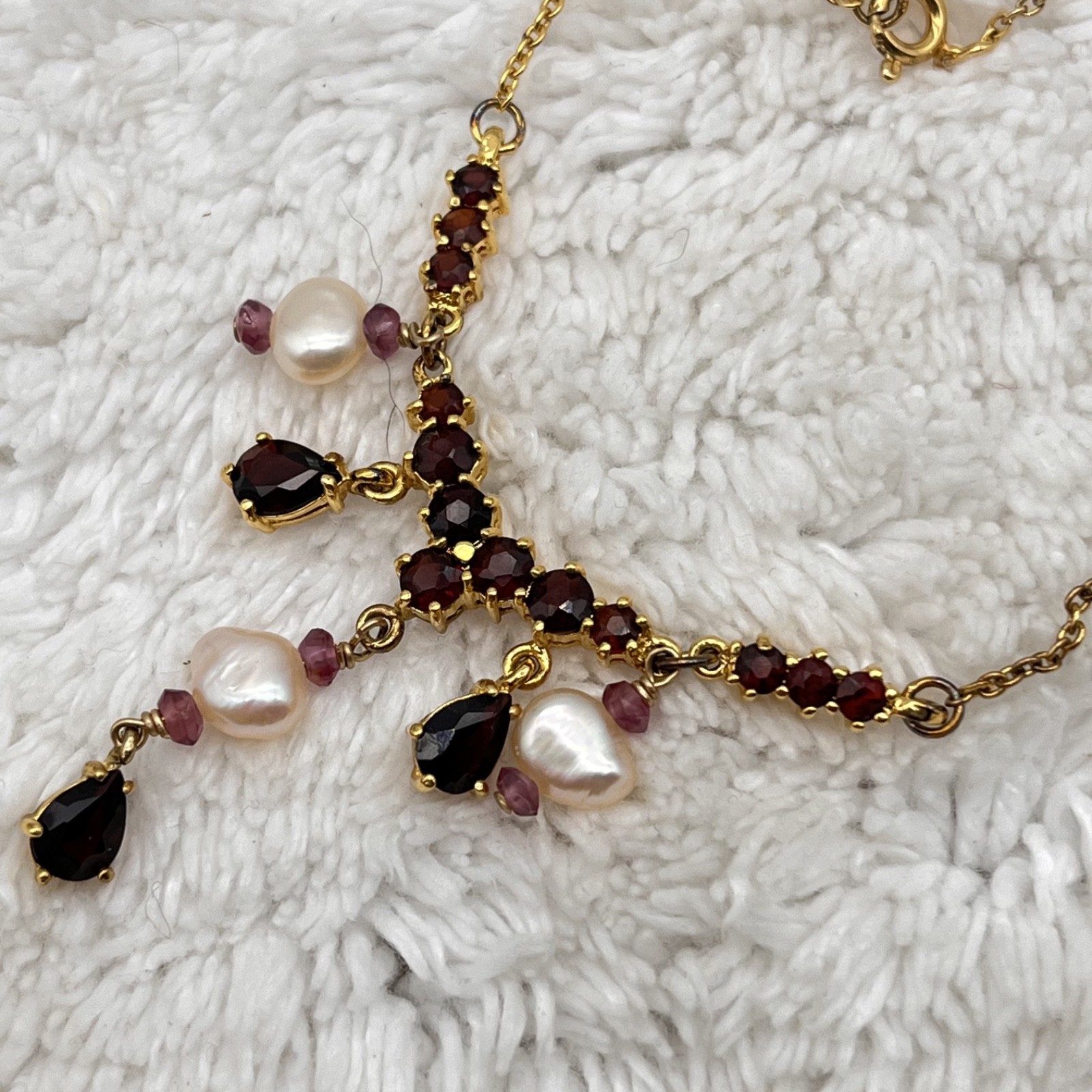 Vintage Festoon Necklace Garnet Baroque Pearl Sterling Silver 18″