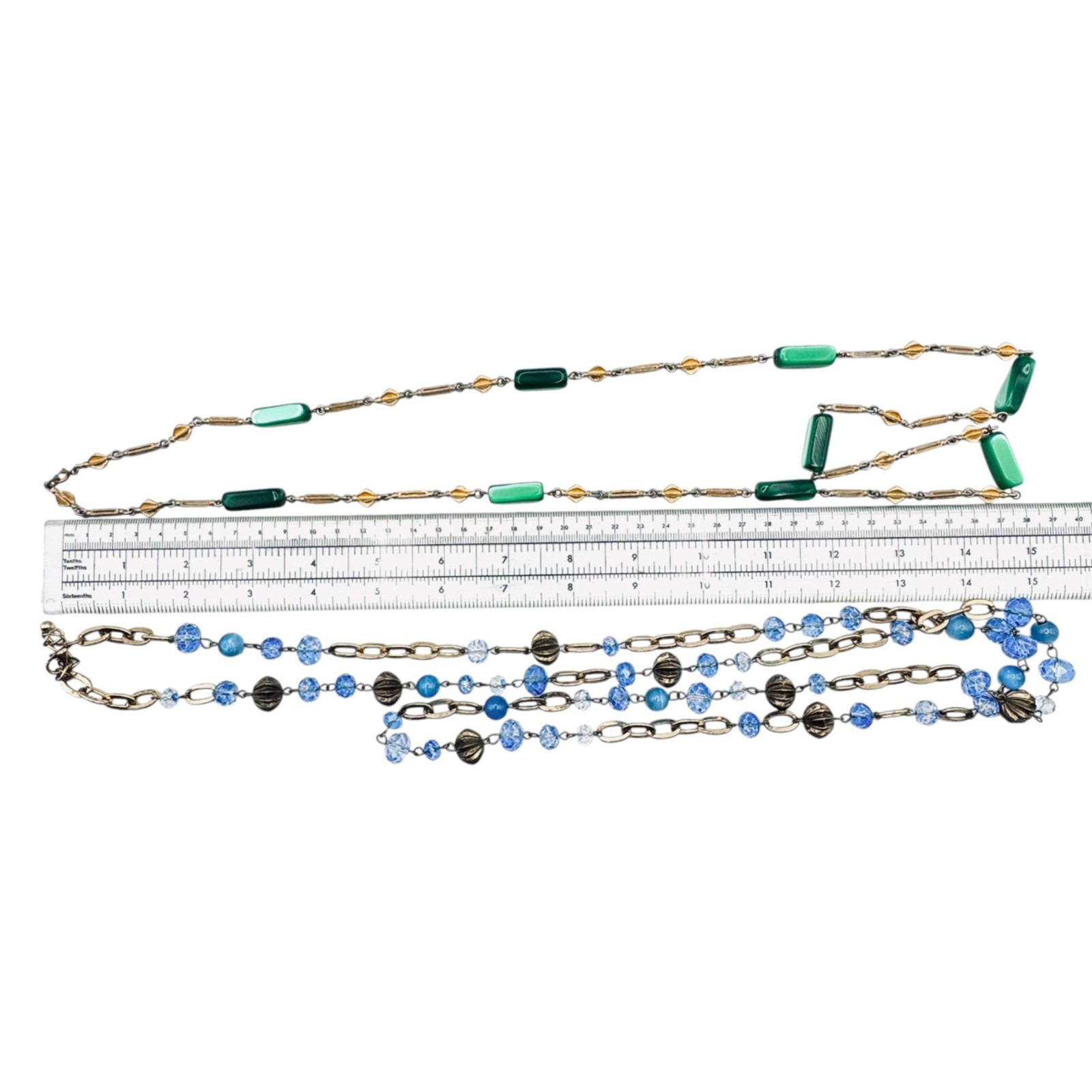 Vintage Station Bead Long Necklaces Green Blue Glass Beads Gold Tone 36″ 48″ 60s