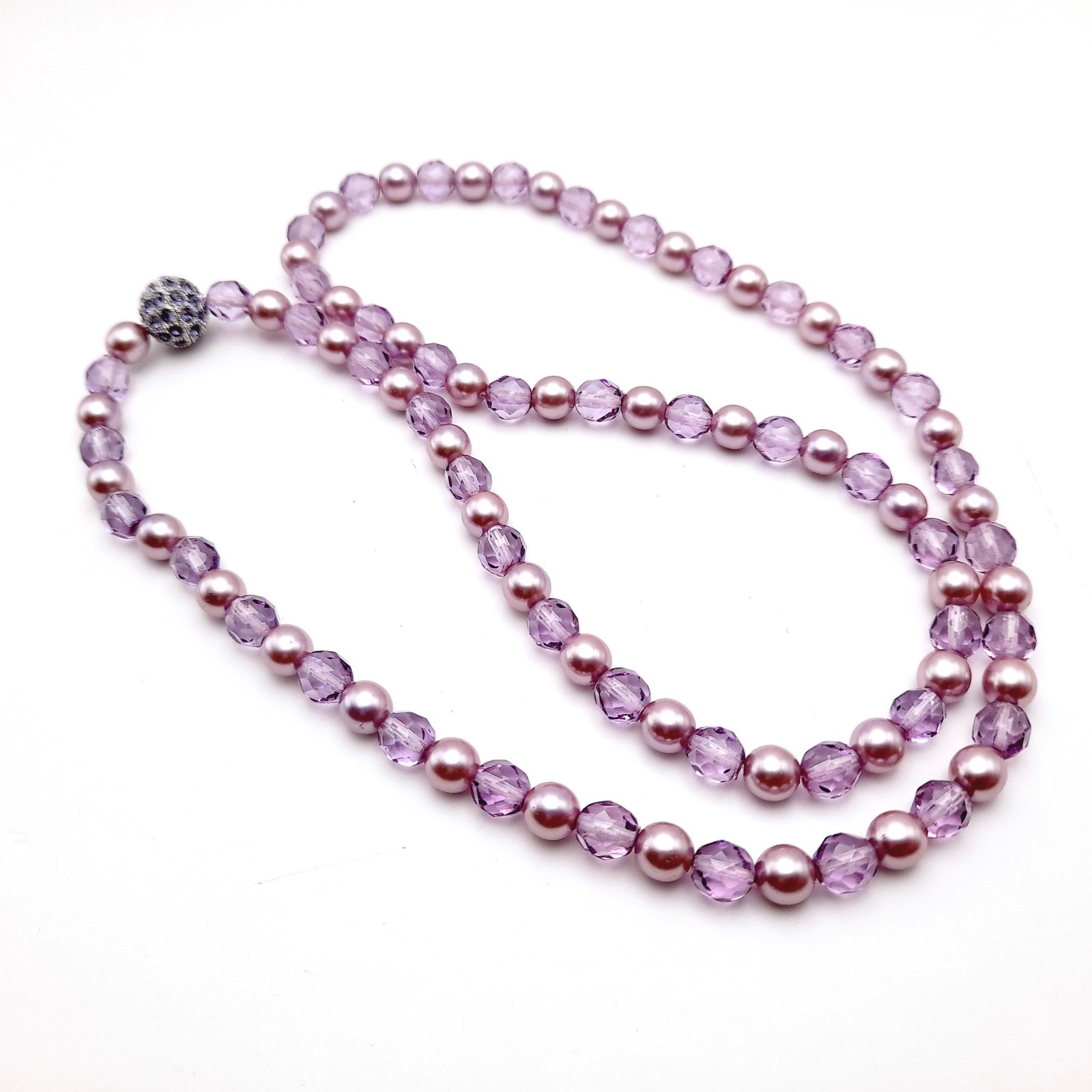 Vintage Joan Rivers Lavender Glass Pearls Crystal Beaded Necklace, Screw Clasp