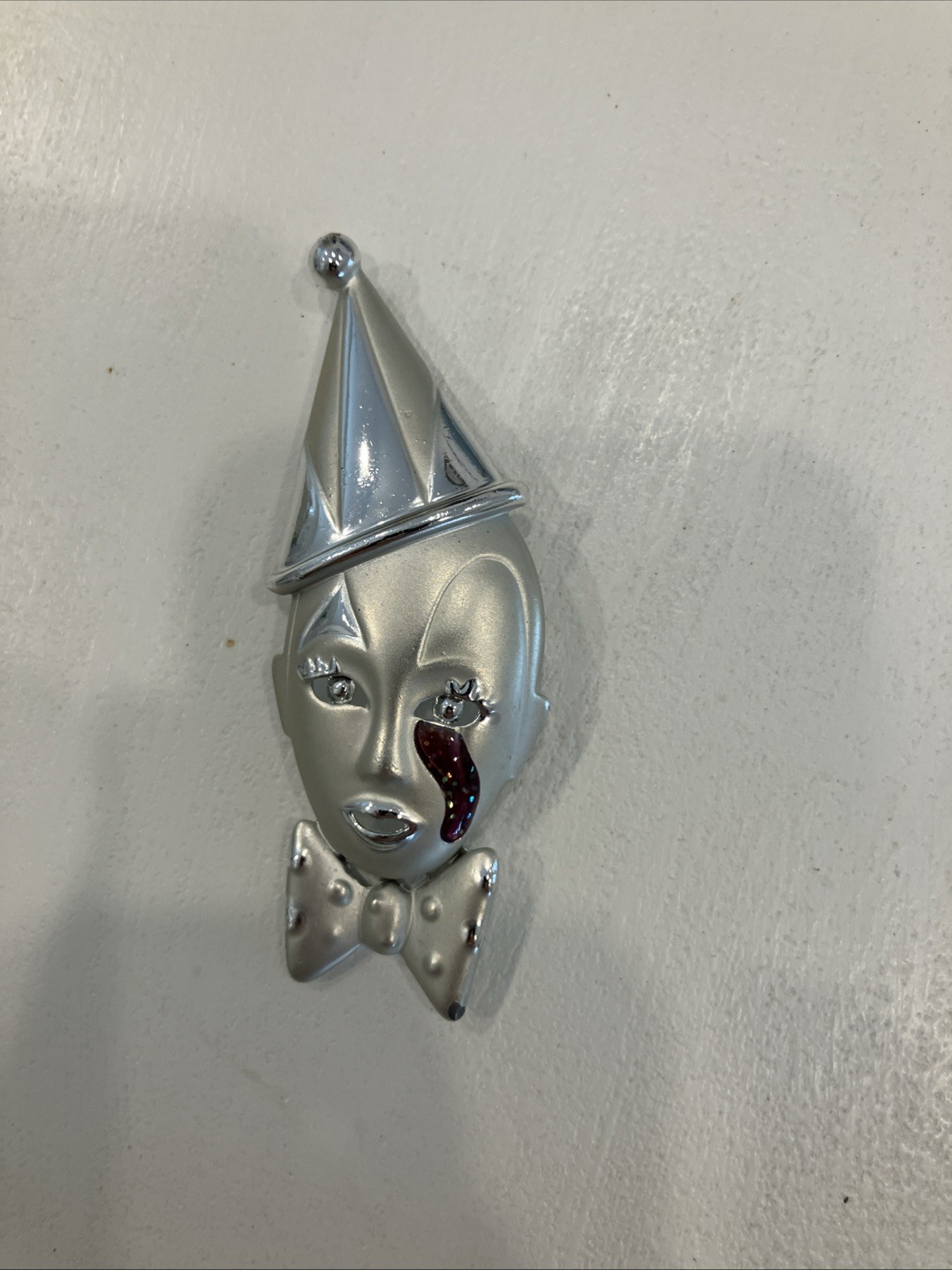 Vintage Crying Pierrot Clown Enamel Tear Silver Tone Brooch, Clown Jewelry, 1980