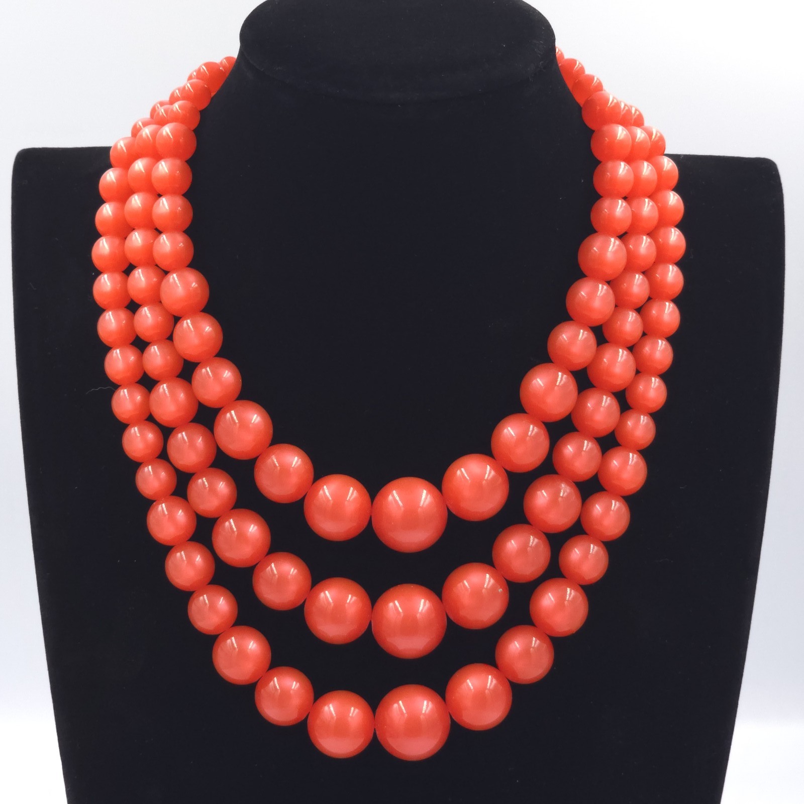 Vintage Triple Strand Necklace Bright Orange Moonglow Beaded Chunky Statement