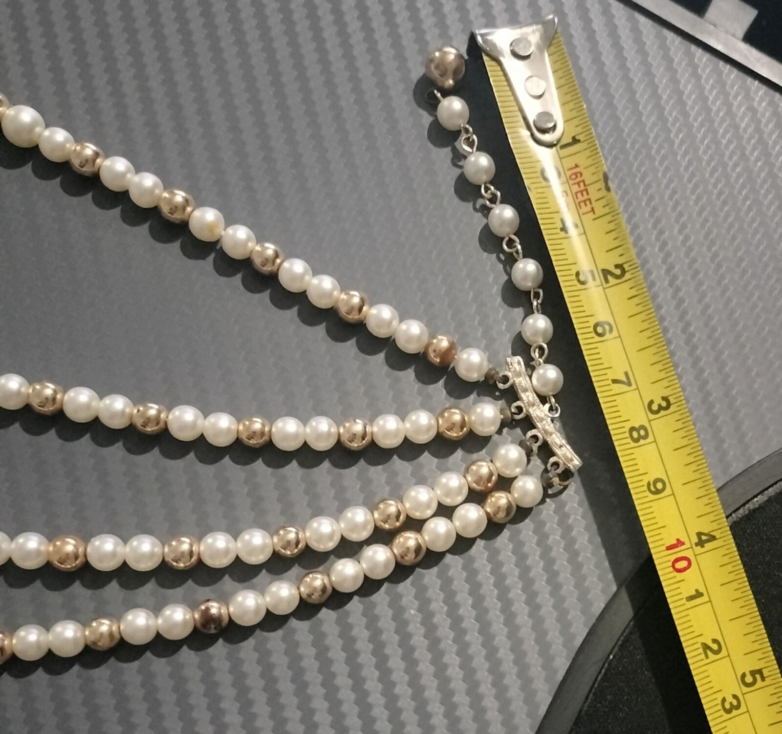 Vintage Multi Strand Faux Pearl Necklace White Gold Tone Decorative Hook Clasp 1