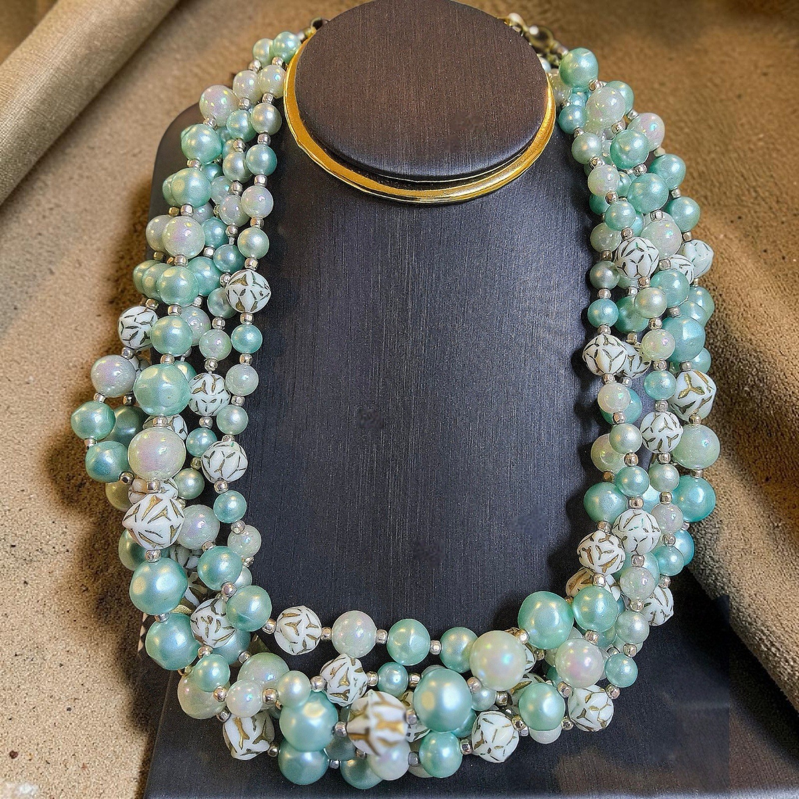Vintage Japan 6 Strand Aqua Seafoam Glass & Acrylic Bead Necklace Statement Bib