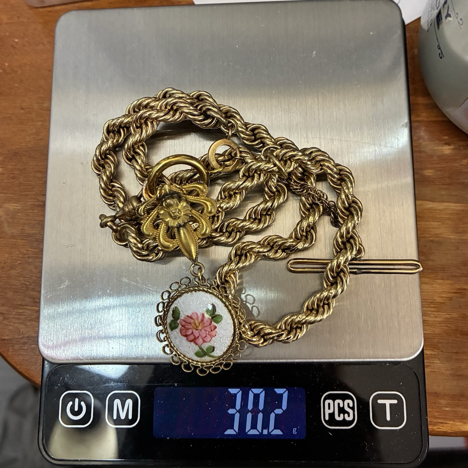 30g Vintage 12k Gold Filled Pocket Watch Chain FOB, Dog Clip T-Bar, GF Guilloche